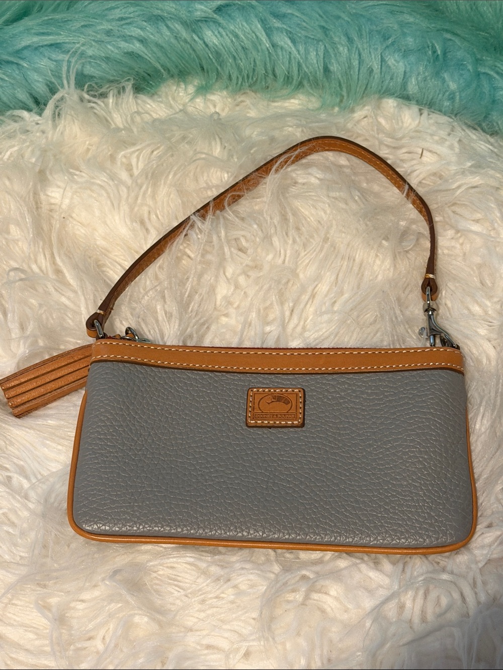 Like New Dooney & Bourke Gray Leather Wristlet with Tan Trim